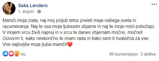 Saška Lendero spregovorila o bolečem slovesu od svoje mame