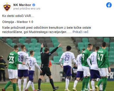 Mariborčani ogorčeni po tekmi proti Olimpiji: "Ko derbi odloči VAR…"