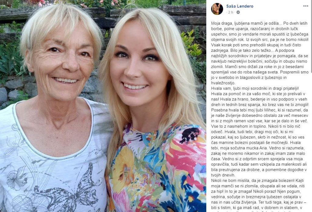 Saša Lendero v solzah: Moja draga, ljubljena mamči je odšla