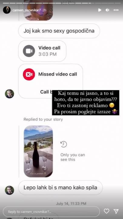 FOTO: Uf, Carmen uresničila grožnjo, razkrila moškega, ki ji pošilja preverzna sporočila