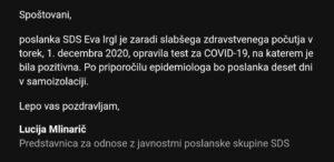 Lepa poslanka pozitivna na testu za covid-19