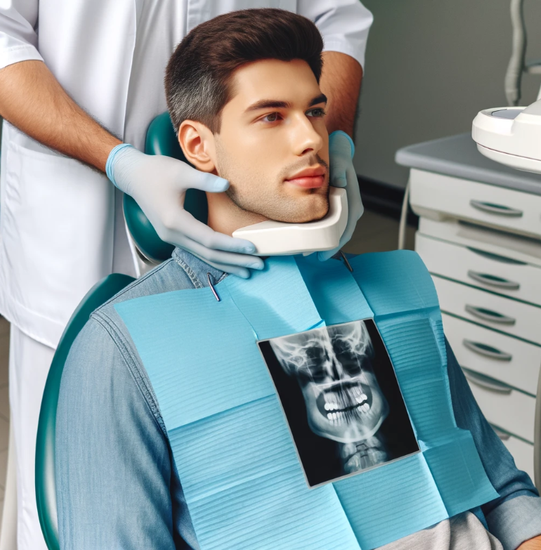 Pacient-na-zobnem-rentgenu-1 - NaDlani.si Na tej sliki je digitalna rentgenska slika zob, ki prikazuje položaj modrostnih zob v ustni votlini. Rentgenski posnetek pomaga zobozdravniku ugotoviti, ali so modrostni zobje pravilno izrasli ali so neizrasli oziroma napačno izrasli, kar lahko povzroči težave. Takšna slika je ključna za načrtovanje postopka puljenja modrostnega zoba.