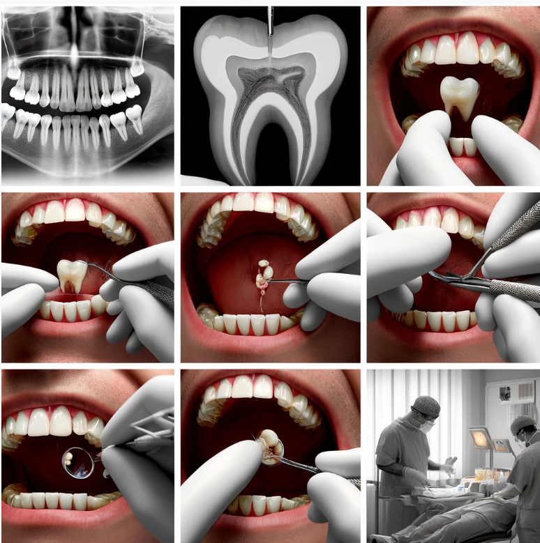Postopek-puljenja-modrostnega-zoba - NaDlani.si Ta slika prikazuje celoten postopek puljenja modrostnega zoba, od priprave in lokalne anestezije do samega izvlečenja zoba in nege po posegu. Prikazani so različni koraki, ki jih zobozdravnik izvede, da varno in učinkovito odstrani modrostni zob ter poskrbi za pacientovo udobje in hitro okrevanje.