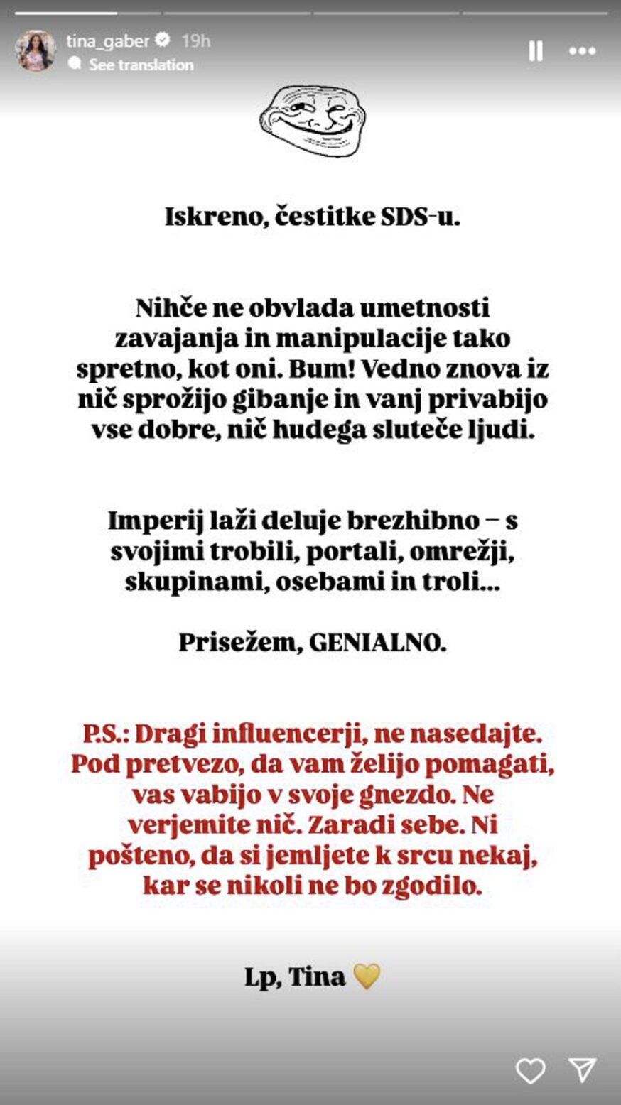 Tina Gaber šokirala z izjavo: 'Nihče ne manipulira bolje kot SDS!