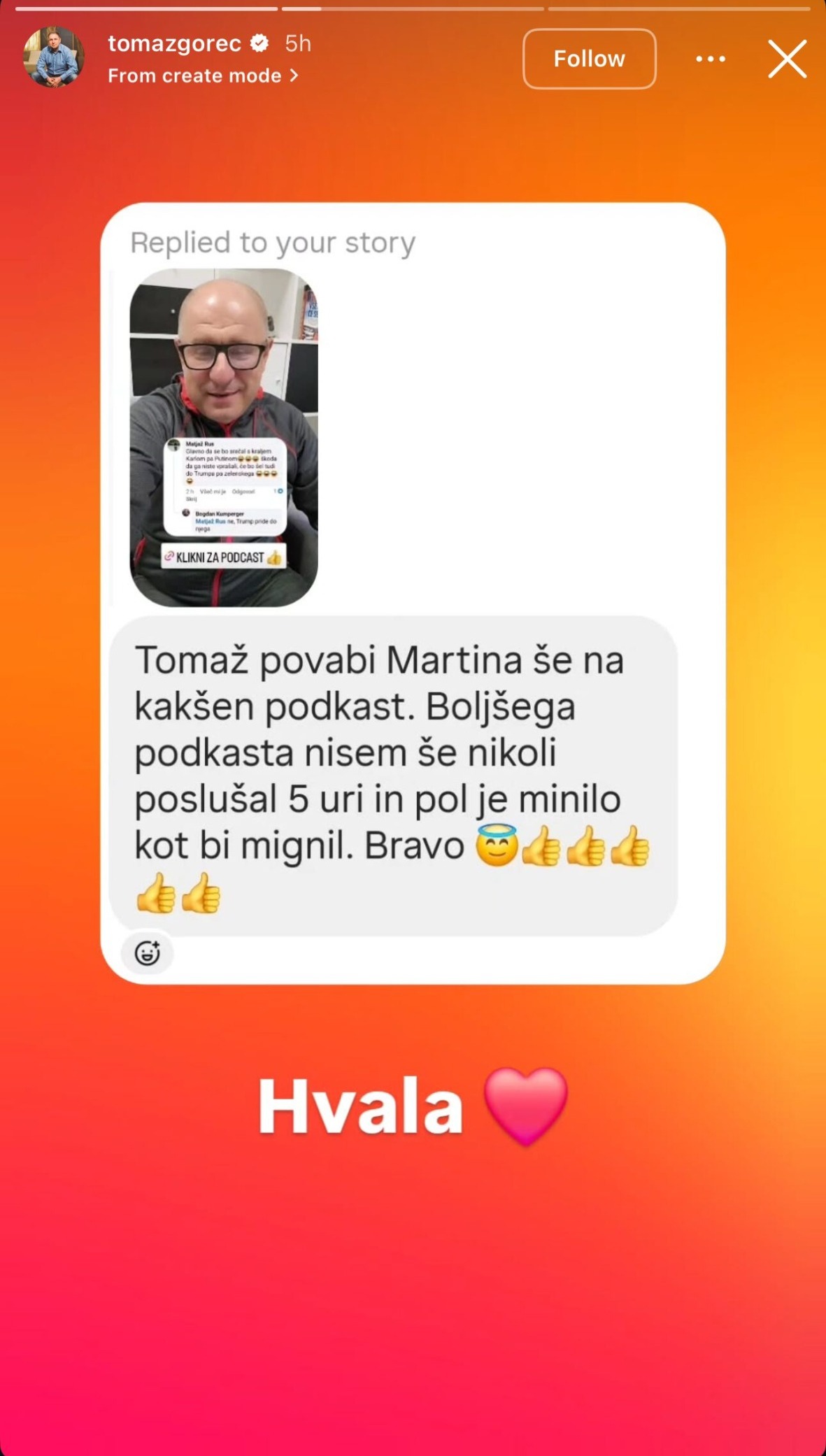Foto: Tomaž Gorec Vir: Instagram story