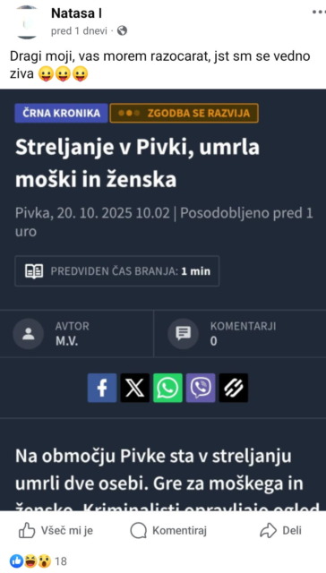 Miran je izstrelil tri strele v Natašo, nato si sodil sam. Na FB odjeknilo: Razočarati vas moram, še sem živa