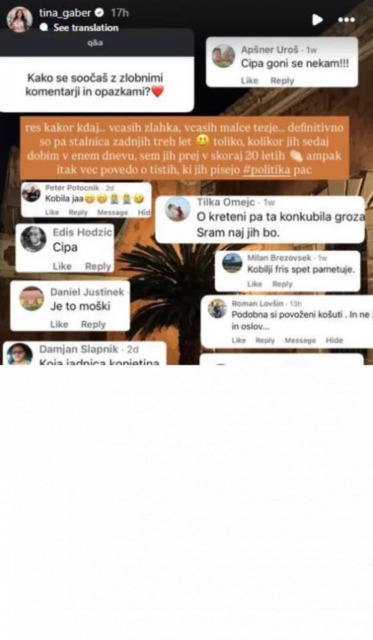 Žaljivke, ki jih prejema Tina Gaber; vir: zajem slike/Instagram