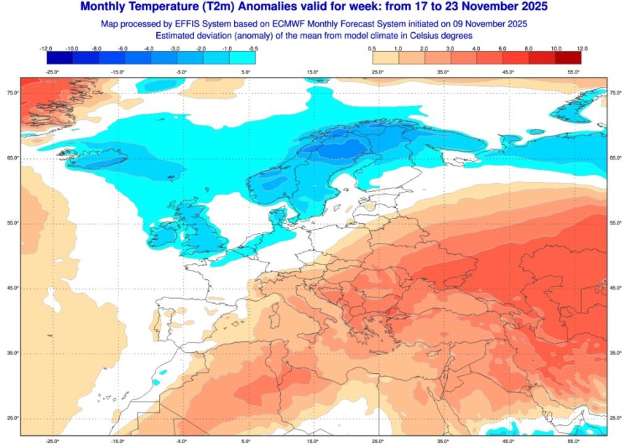 Dolgoročne napovedi, pozitivna odstopanja temperature zraka tudi v prihodnjih tednih ... FOTO: ECMWF/EFFIS