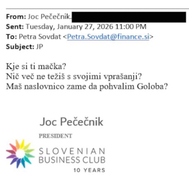 Sporočilo, ki ga je Joc Pečečnik poslal Petri Sovdat; vir: Zajem slike Facebook
