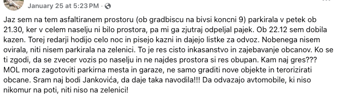 Nova izpoved občanke o parkirni stiski: »Kaznovana sem bila, ker ni bilo prostora«