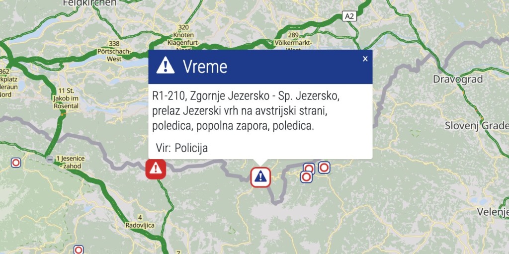 Zaradi zimskih razmer zaprtih več cest in prelazov po Sloveniji, promet je ponekod zelo otežen
