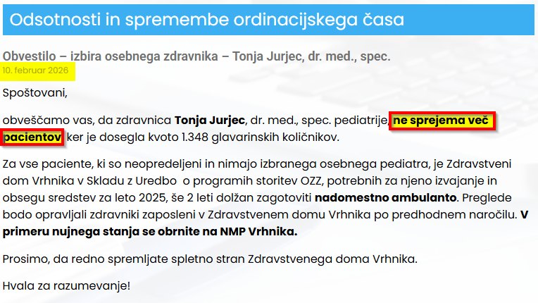 Obvestilo ZD Vrhnika; vir: Facebook