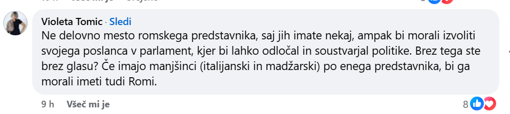Violeta Tomić predlaga Romskega predstavnika v parlamentu; vir: Facebook/Vstani Romski Otrok