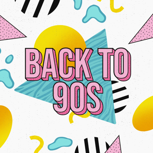 Barvita grafika z napisom »Back to 90s«, ki ponazarja vrnitev trendov iz preteklosti.