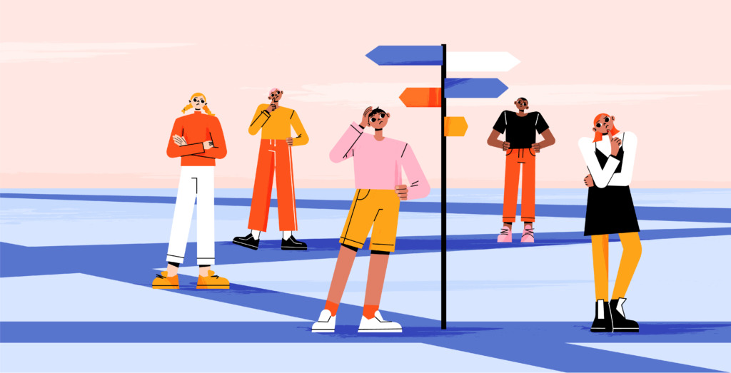 Ilustracija ljudi, ki premišljujejo ob smerokazu z več puščicami, kar ponazarja odločanje, ali slediti trendu.