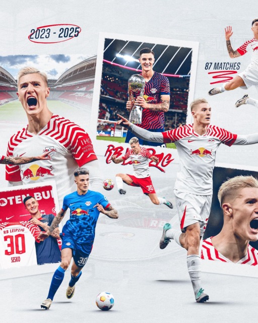 Kolaž Benjamina Šeška v dresu RB Leipzig z izpostavljenimi dosežki med letoma 2023 in 2025
