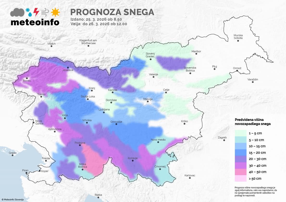 V nekaterih delih Notranjske je napovedanega tudi pdo pol metra snega; vir: Meteoinfo