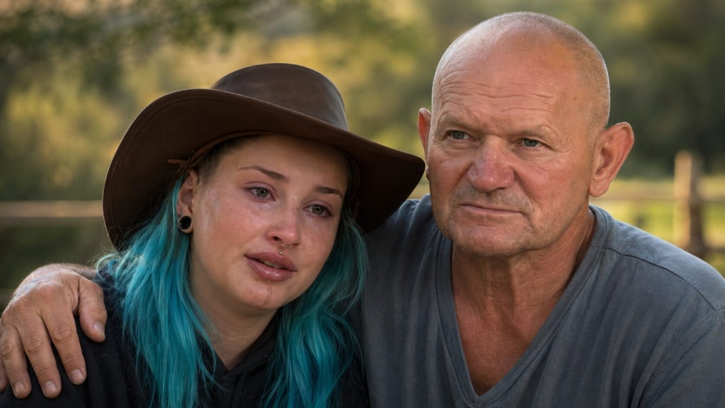 Young woman with turquoise hair and a brown hat sits close to an older man outdoors, both with somber, tearful expressions.