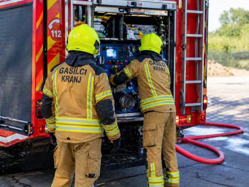 Two firefighters in yellow helmets and beige turnout gear stand at the open rear of a red fire truck, accessing equipment from the compartment while a red hose lies on the ground beside them.