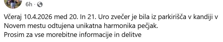 V Novem mestu ukradli unikatno harmoniko Pečjak, lastnik prosi za pomoč: “Če jo opazite, takoj pokličite policijo”