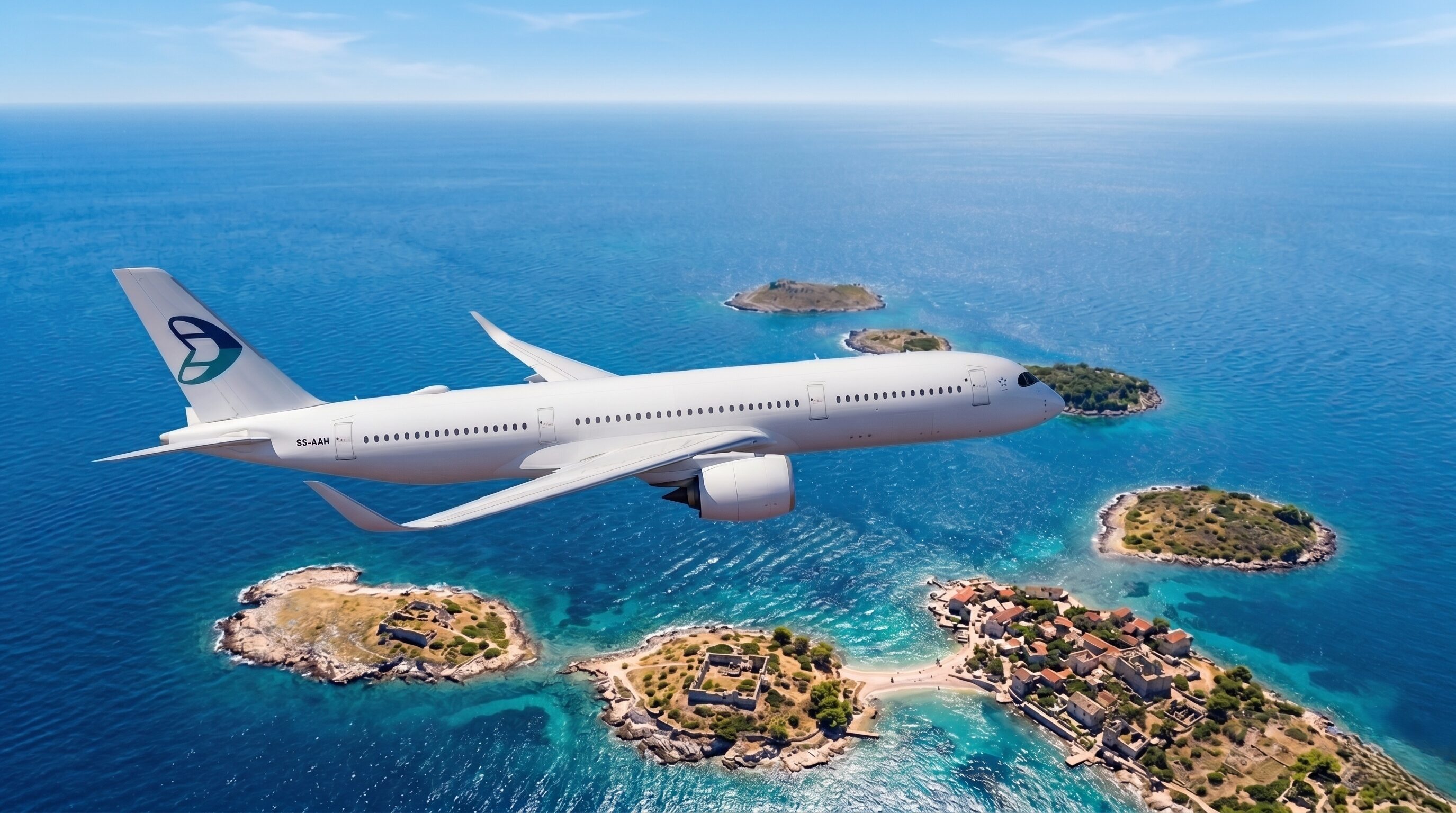 Passenger jet flies low over a blue ocean with small green islands visible below.