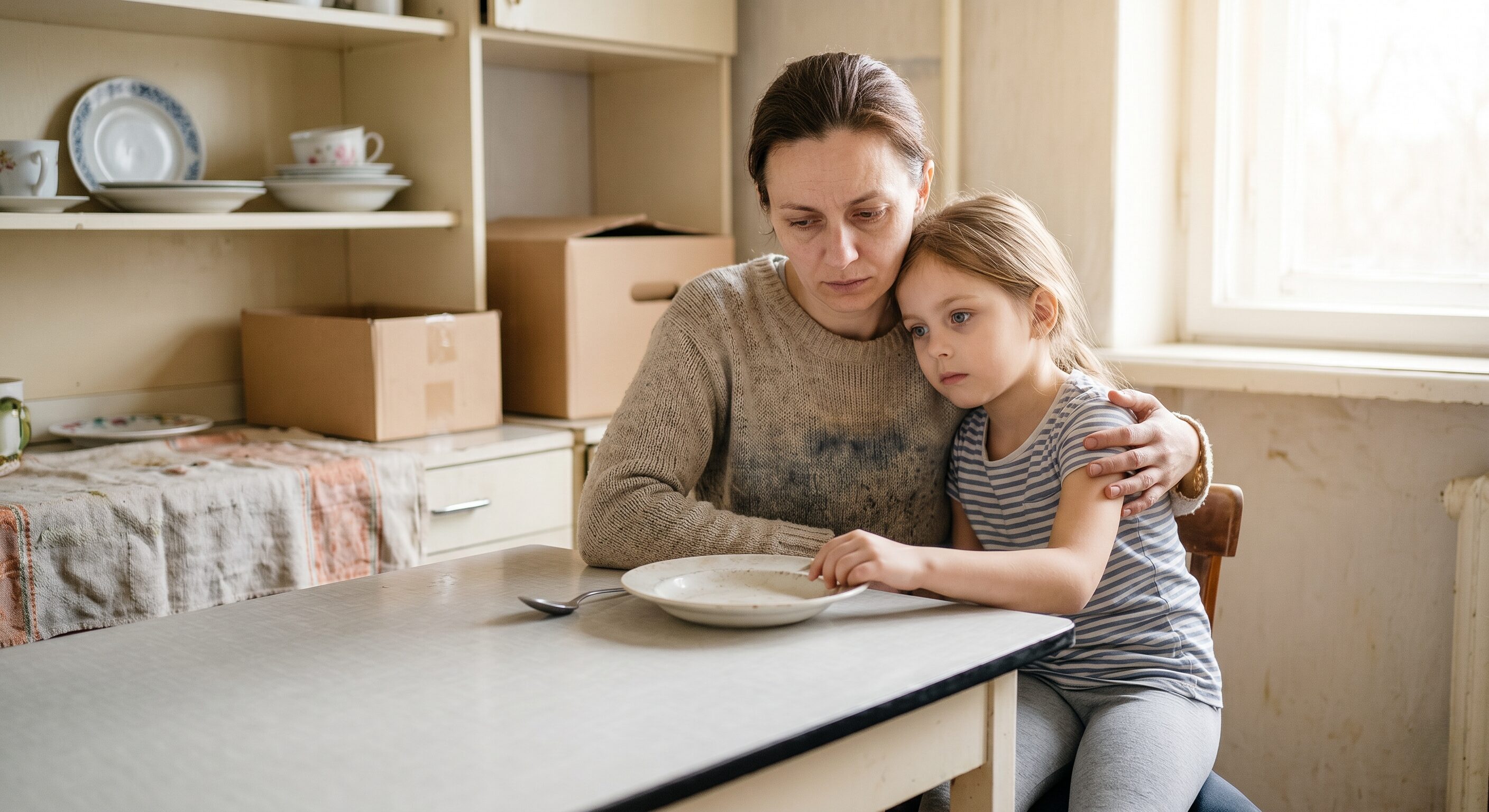 Mother and young girl sit closely at a kitchen table, looking somber with an empty plate in front of them and boxes on the shelves behind.