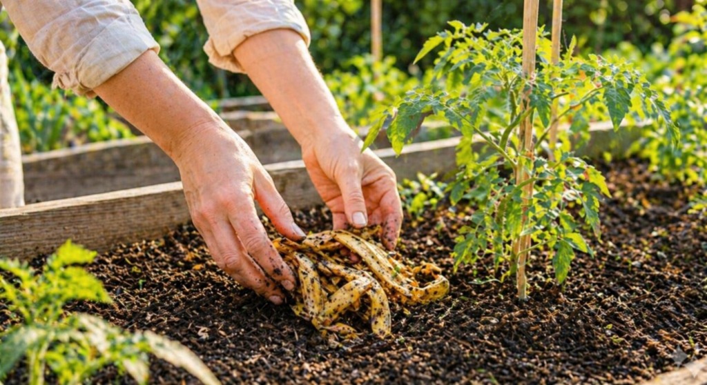 Hands transplanting a young plant into a garden bed, with rich soil and a wooden border nearby.