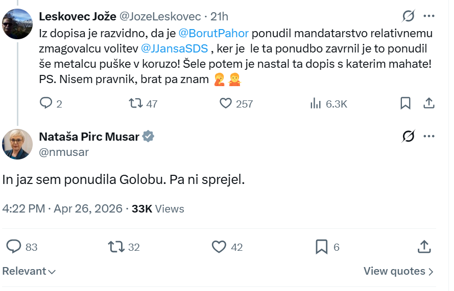 “Ponudila sem Golobu. Pa ni sprejel.” Predsedničin zapis zanetil burno politično razpravo
