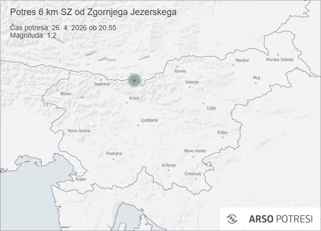 Epicenter včerajšnjega potresa; vir: ARSO
