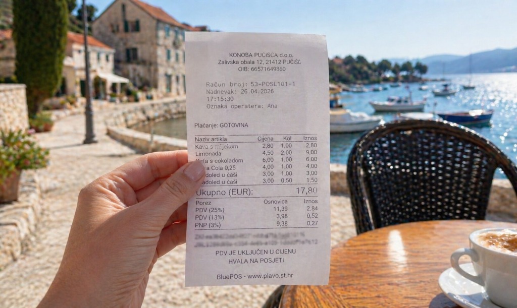 A hand holds up a receipt in front of a sunlit seaside cafe with boats on blue water and stone buildings in the background.
