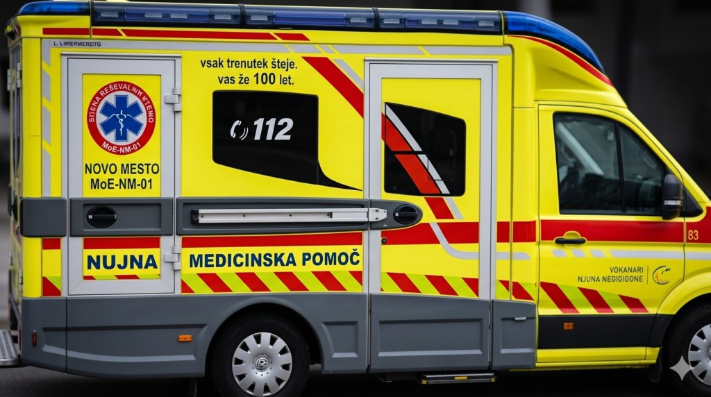 Side view of a bright yellow ambulance with red chevrons and blue emergency lights, showing Slovenian EMS markings and 112 contact area.