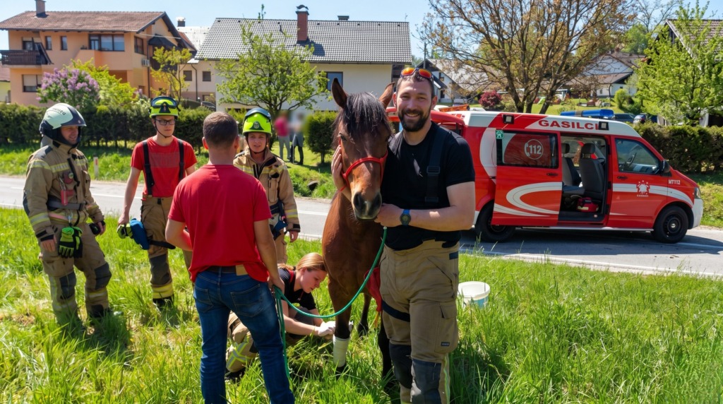 Firefighters and children standing on a grassy field with a brown horse and a red rescue vehicle in the background, during a training or demonstration.