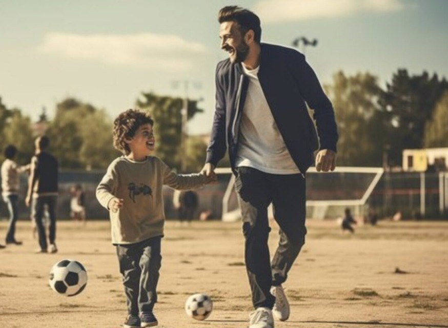 Oče in sin se sprehajata po nogometnem igrišču