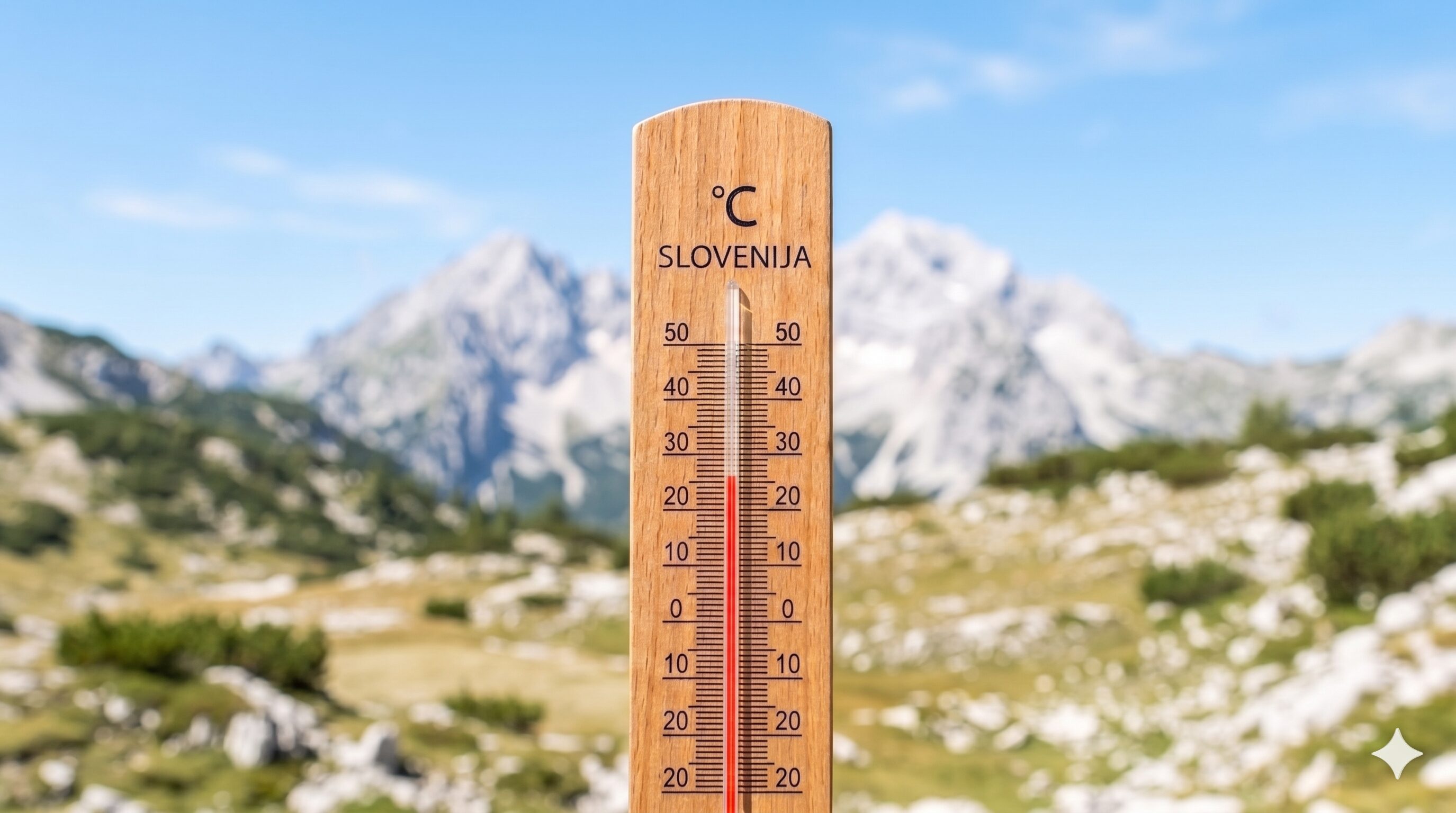 Wooden thermometer labeled Slovenija showing about 22°C, set against a blue sky and alpine mountains.
