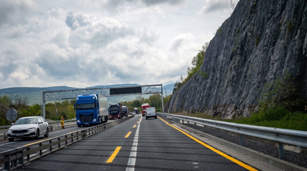 Busy highway scene with a blue semi-truck leading a line of trucks and cars, flanked by a steep rocky cliff on the right under cloudy skies.