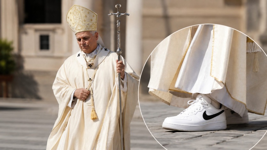 Catholic bishop in cream ceremonial robes and mitre holding a silver crozier, walking outdoors; white Nike sneakers visible beneath his robes (inset close-up).
