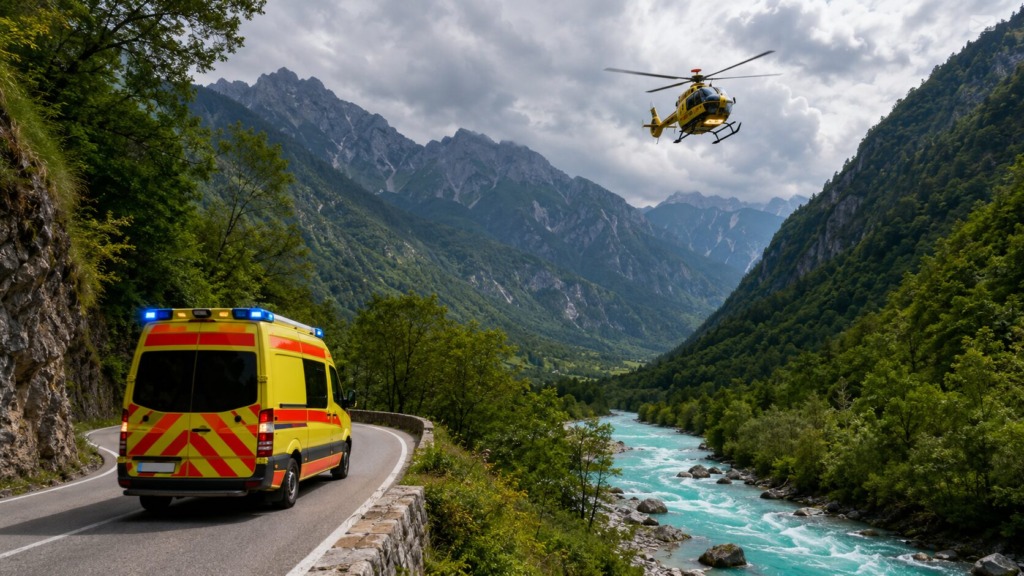 reševalno vozilo na poti in helikopter v zraku