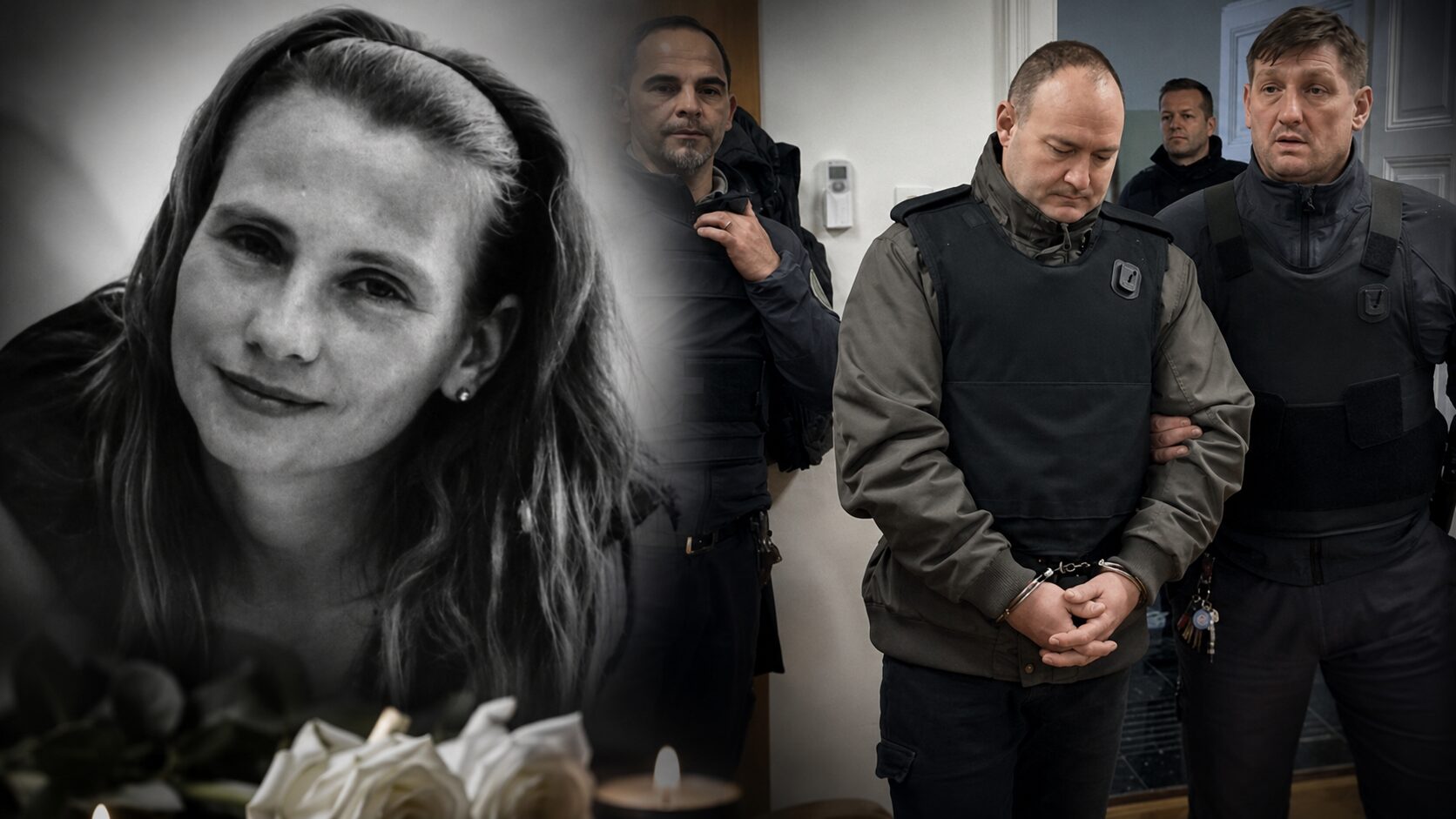 Composite image: woman’s black‑and‑white portrait on the left with flowers/candles, and a man in handcuffs escorted by uniformed officers on the right.