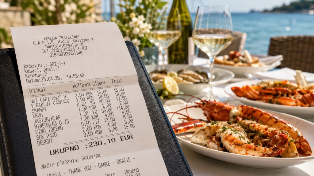 Receipt on a leather folder at a seaside restaurant with plates of lobster and seafood, and two glasses of white wine in the background.
