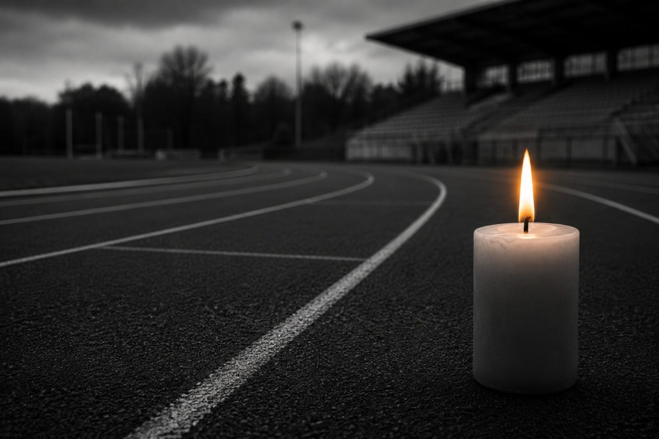 Lit candle on a dark running track with empty stadium seating in the background.