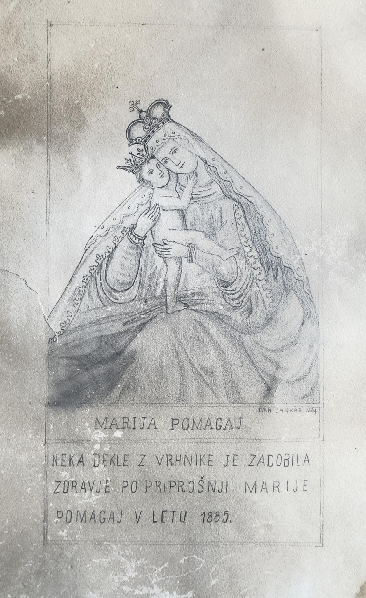 Pencil drawing of Mary and Child Jesus, both wearing crowns and wrapped in a veil, embracing each other; text below reads 'MARIJA POMAGAJ'.