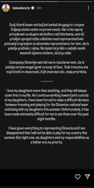 Luka Dončić ne bo igral za Slovenijo, to, kar je sporočil hčerkama, vam bo strlo srce