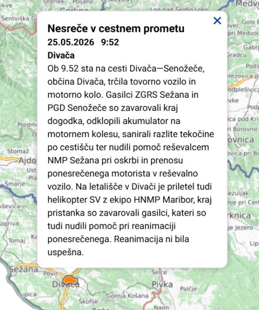 Tragična nesreča pri Divači: motorist umrl po trčenju s tovornim vozilom