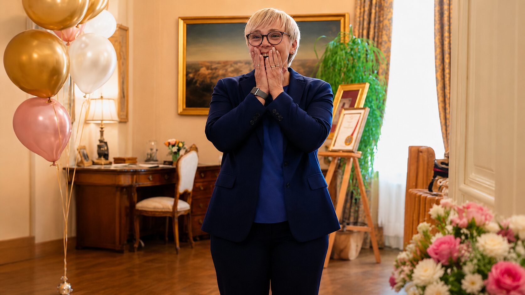 Woman in a navy suit smiles with hands covering her mouth at a celebration with balloons and flowers in a formal room.