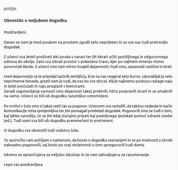 Šok za starše prvošolčkov: med poukom v naravi jih je odrasel moški zasul z grožnjami in kletvicami