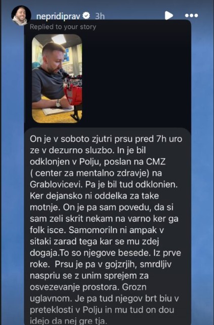 Po navedbah naj bi sam poiskal pomoč; vir: Instagram