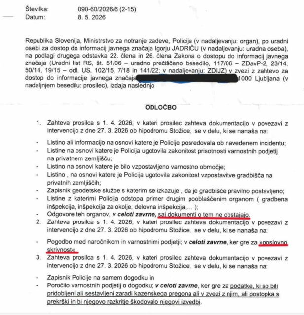 Odločba, s katero so v policiji v celoti zavrnili zahtevo za posredovanje dokumentacije, povezane z napadom varnostnikov na lastnika. Foto: Zajem zaslona