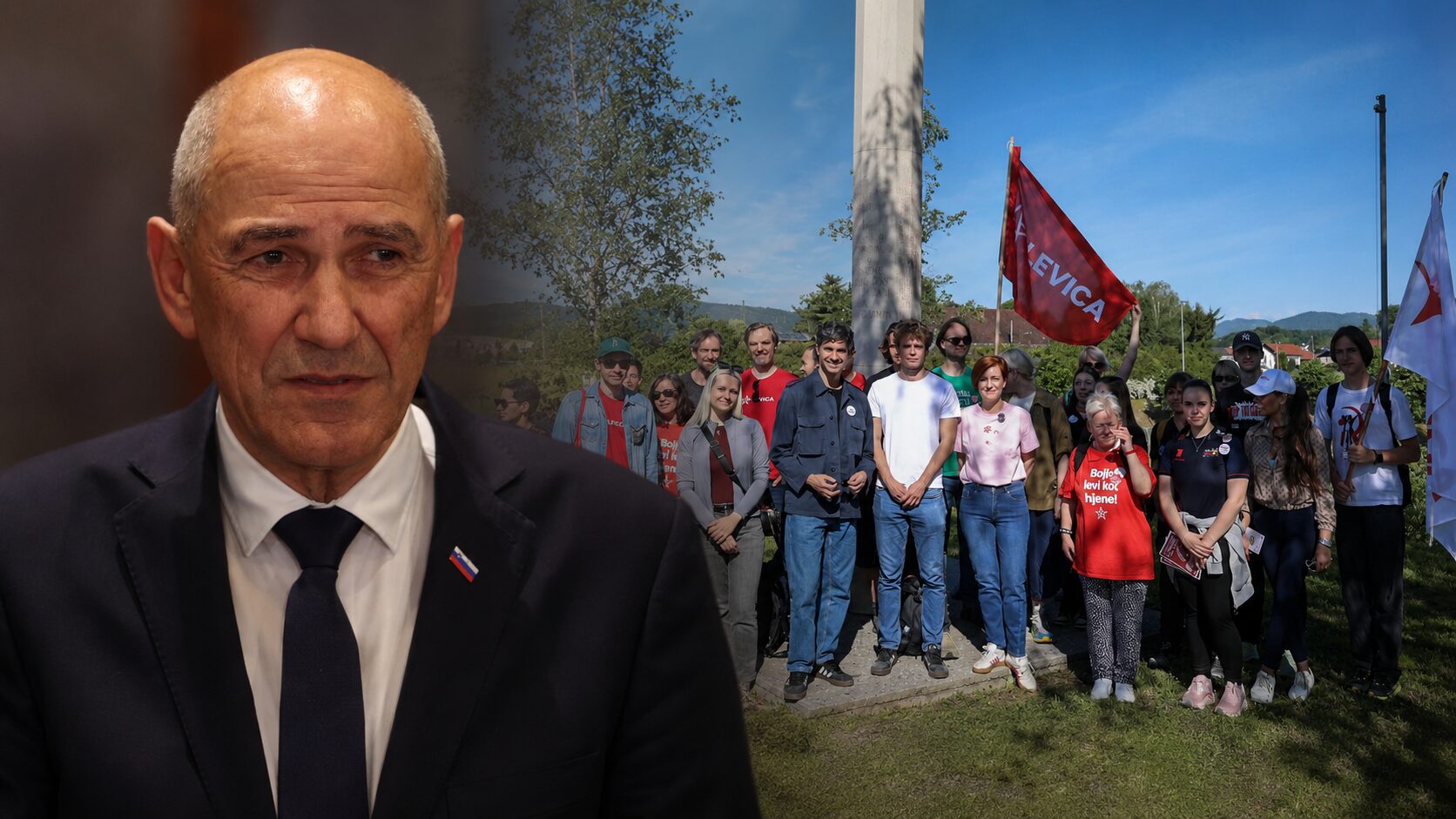 Left: an older man in a dark suit and tie, with a crowd of young supporters and red flags in a sunny outdoor setting behind him.
