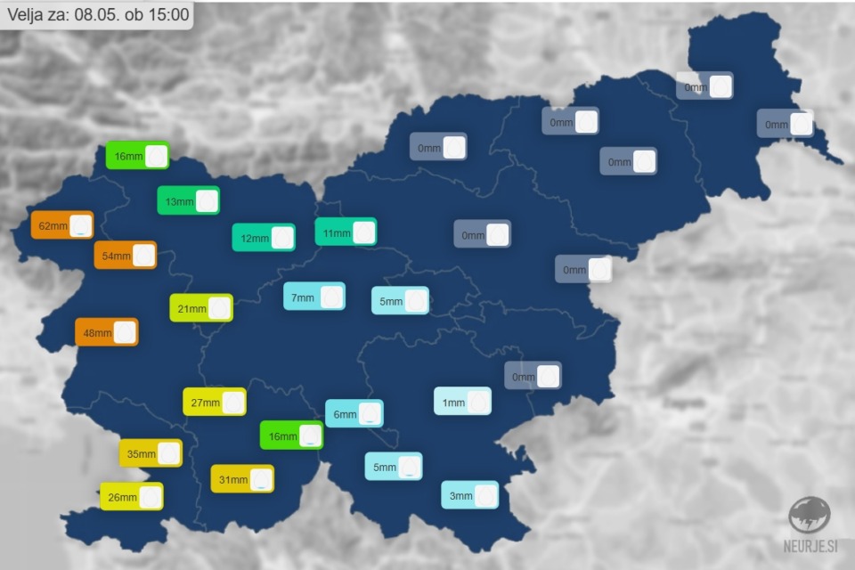 Padavine naj bi bile predvsem na zahodu države; vir: Neurje.si