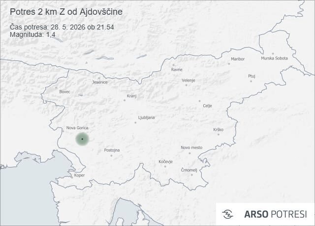 Potres 2 km Z od Ajdovščine 28. 5. 2026 ob 21.54